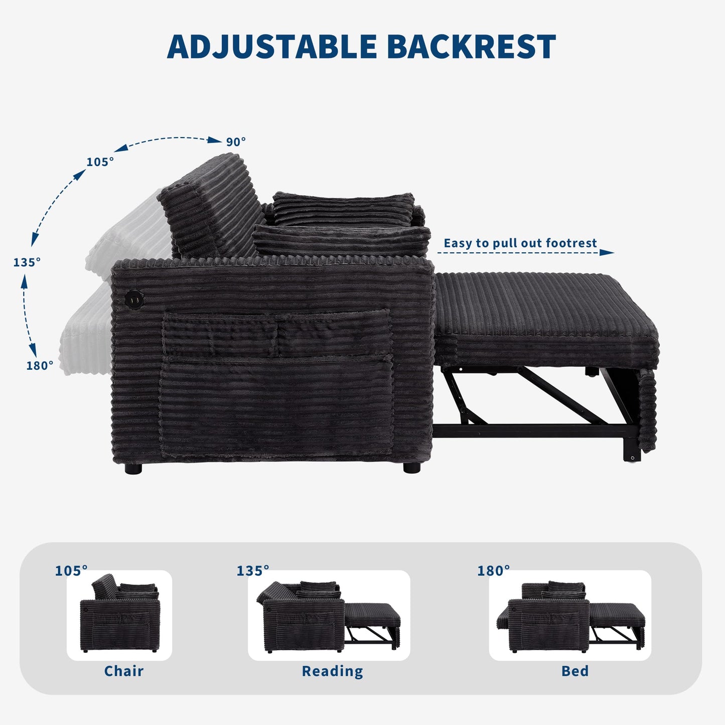 GarveeTech Loveseat Sleeper Sofa Bed, 55'' Pull Out Bed with Adjustable Backrest, Charging Station and Side Pockets, Corduroy Couches for Living Room, Bedroom and Apartment, Dark Grey