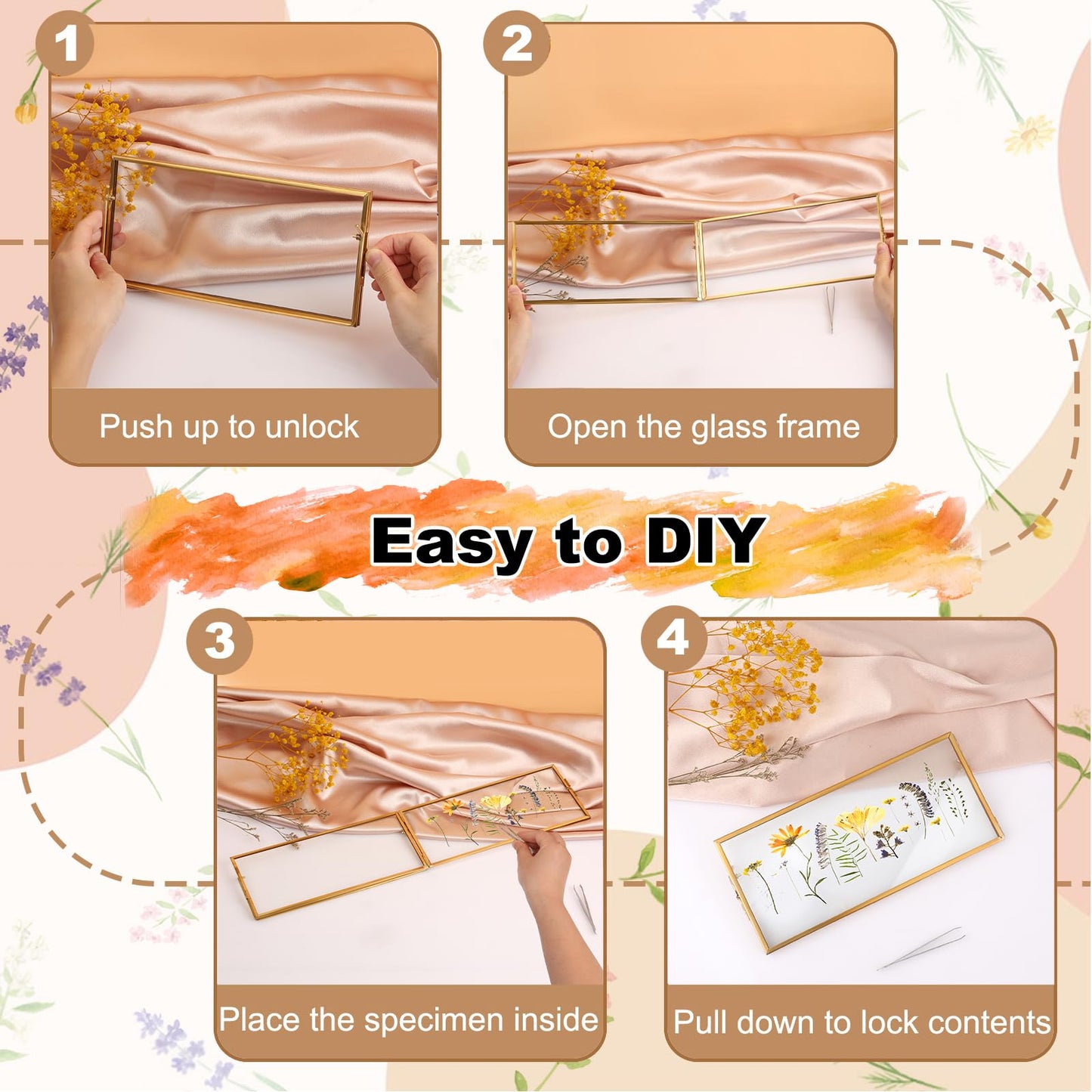 OGANAZI Double-Glass Dried Flower Frame, Brass Floating Frames for Pictures, Pressed Flowers, Leaves, Arts, Stamps, 4x 9 inches Decorative Tabletop Display Holder for Home Plant Specimen (FRAME ONLY)