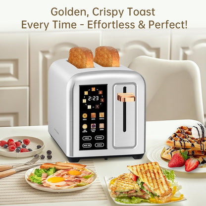 SEEDEEM 2-Slice Toaster - Touch Screen LCD Display, Fast Heating, Stainless Steel, 1.5" Wide Slots, Silver