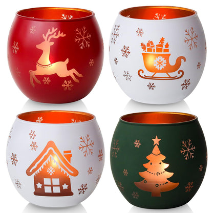 Christmas Candle Holders Set of 4, Frosted Glass Tealight Votive Holders with Snowflake, Reindeer, Christmas Tree Designs, Winter Holiday Table Centerpiece for Indoor Outdoor Decor (Red, Green, White)