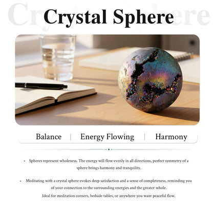 SUNYIK Rainbow Titanium Coated Druzy Geode Sphere Ball,Crystal Quartz Agate Ball,Healing Sculpture Figurine for Easter Day