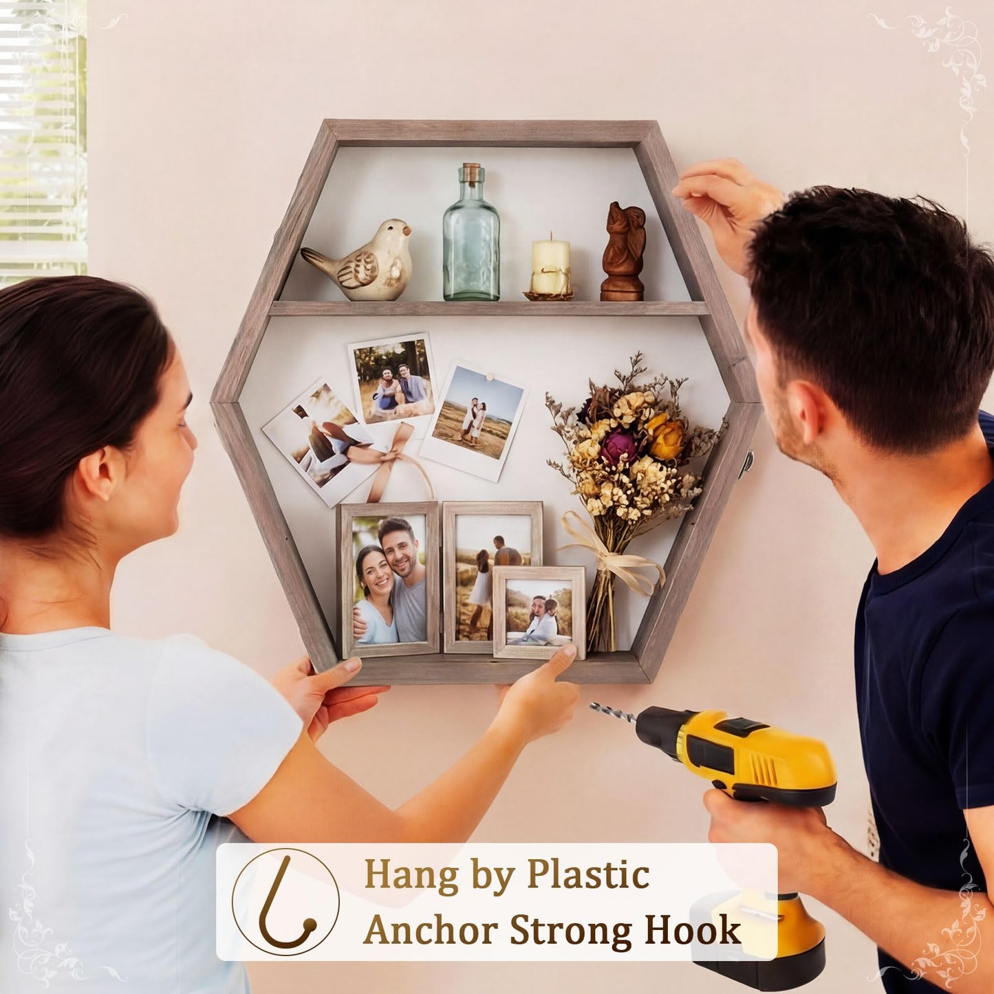 Bucherry 16 Inch Huge Wooden Shadow Box Frame with Acrylic Panel, Shelves, Hangable Brown Deep Shadow Boxes Memory Display Cases with Lanyard and Metal Hook for Wedding Keepsakes, Photos (Hexagonal)