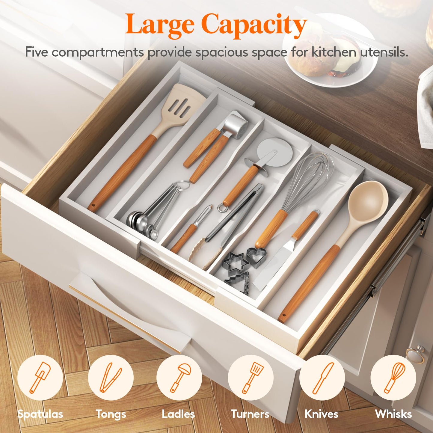 Lifewit Utensil Organizer for Kitchen Drawer, Expandable 13 to 22.4 Inches Wide, Adjustable Cooking Silverware Tray, Bamboo Cutlery Flatware Holder, Spatula Tools and Gadgets Storage Divider, Natural