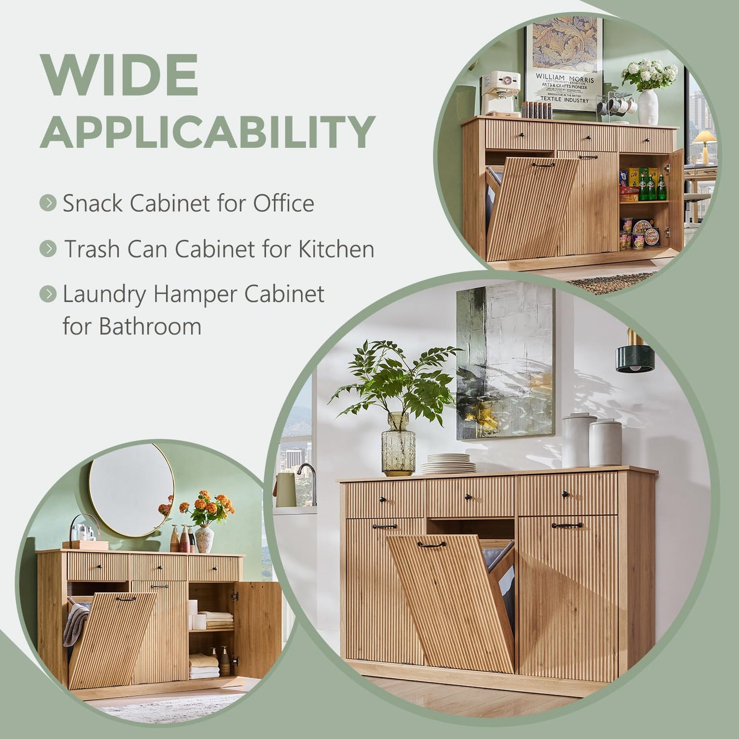IFGET Triple Tilt Out Trash Can Cabinet, Modern Fluted Laundry Hamper Cabinet with 3 Drawers, 20 Gallon Hidden Wooden Garbage Can Cabinet w/Storage Basket & Adjustable Shelf, for Kitchen, Natural Oak