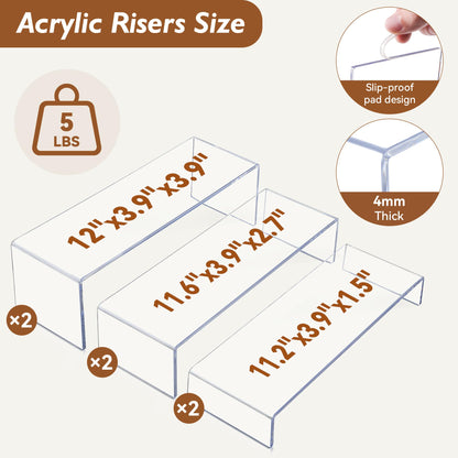 Aminigram Large Acrylic Display Risers, 2 Set - 6 Pack (12”L~11.6”L~11.2”L) Collectibles Display Shelf, Acrylic Risers Display Stands for Show Figures, Cupcake, Perfume, Jewelry, Toys