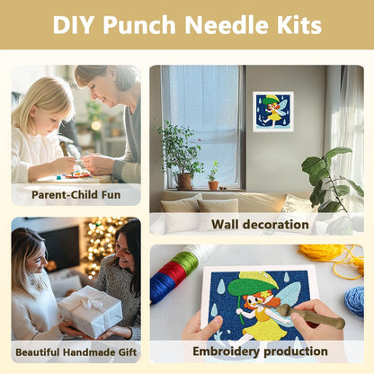 Doodlream Elf in the Summerrain Needle Kit for Beginner, 9.4"x 9.4" Cute Fairy Punch Stitching Craft Set, DIY Embroidery Starter with Printed Frame, Instruction, Threader, Yarn, Pinch Needle