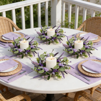 6 Pcs Small Lavender Candle Ring Wreaths Mini Pillar Candle Holder Wreath with Violet Hydrangea Flowers and Eucalyptus Leaves Artificial Spring Summer Wreath for Home Kitchen Table Cnterpieces