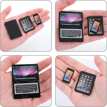 cobee 3Pcs Miniature Dollhouse Décor, 1:12 Metal Simulation Laptop Tablet Smart Phone, Mini- Dollhouse Miniatures Furniture Accessories, Doll House Miniatures Play Set (Black 3Pcs)