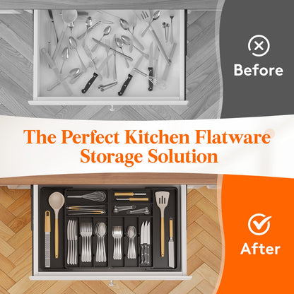 Lifewit Large Silverware Drawer Organizer, Expandable From 21 to 36 Inches, BPA Free Plastic Utensil Tray for Kitchen, Adjustable Flatware and Cutlery Holder for Spoons Forks Knives, Black