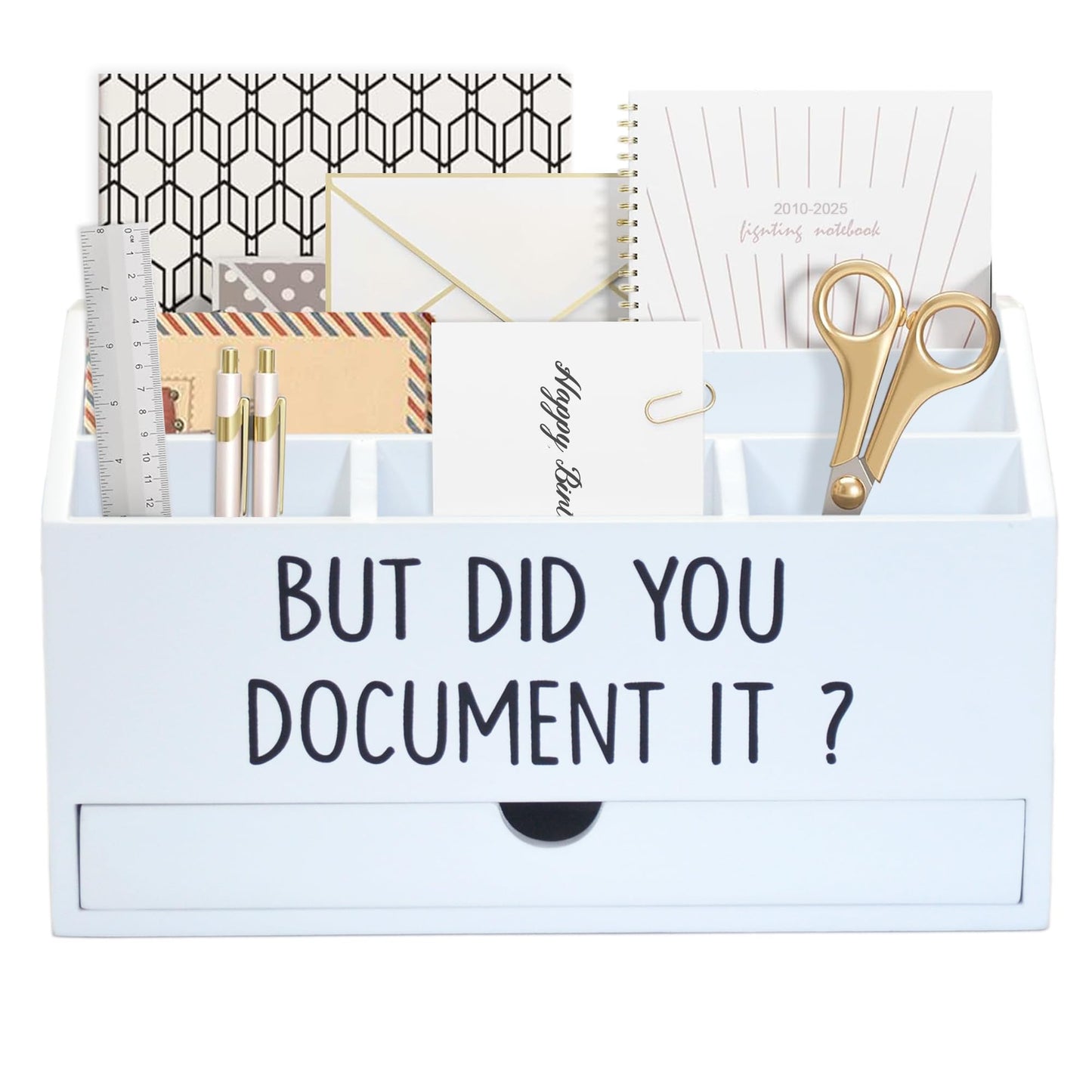 EXQUIDECA Wooden White Rustic Countertop Mail Storage Holder with Drawer and Compartments - Office Desk Accessories and Workspace Organizers - Desktop Sorter for Pen Stationery Letter Files Documents