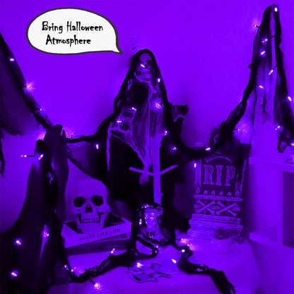 YAOZHOU Halloween Decorations String Lights Purple Indoor 30LED with Black Gauze Timer, 2 Mode Battery Operated 9.9Ft Creepy Cloth Spooky Lights, Gothic Party Room Decor(2Pack)