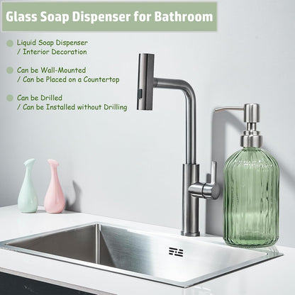 Green Shampoo and Conditioner Dispenser for Wall Mount, 14oz Clear Glass Shower Soap Bottle for Bathroom, Modern 1 Chamber No Drill, Easy Refill Hand Body Wash Dispensers with Stainless Steel Pump
