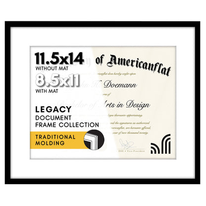 Americanflat 11.5x14 Diploma Frame with Shatter-Resistant Glass - Use as 8.5x11 Frame with Mat or Display 11.5x14 Document Without Mat - Legacy Collection - Certificate Frames for Wall - Black