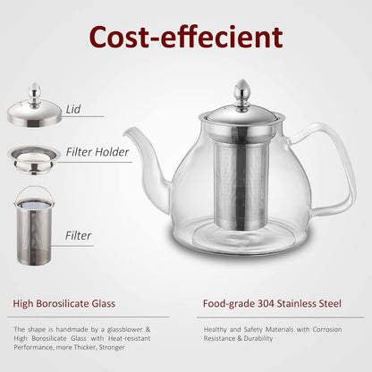 40oz Glass Teapot with Removable Stainless Steel Infuser for Blooming Tea & Loose Leaf Tea, Gift Box