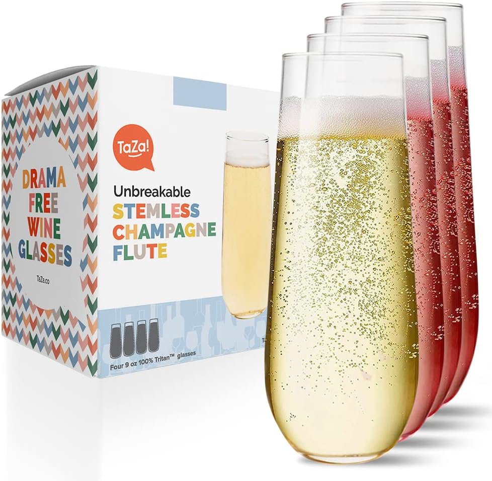 Unbreakable Stemless Champagne Flutes 9oz, Set of 4 Shatterproof Tritan Plastic Glasses, Reusable Dishwasher Safe