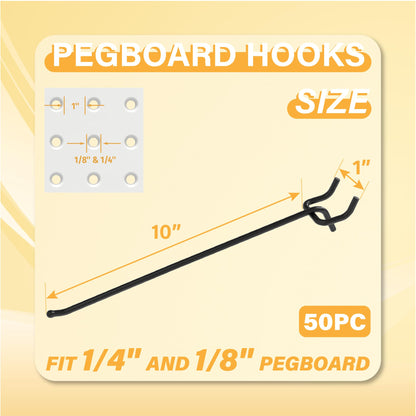 BFPeaky Heavy Duty Pegboard Hooks 10 Inch - 50 pcs Peg Board Hooks for Hanging, Black Metal Pegboard Organizer Accessories Garage, Workshop, Home, and Store