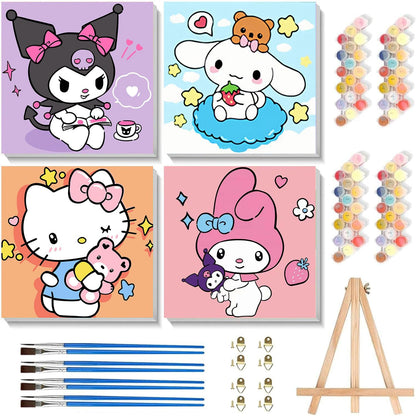 Sretoul 4 Pack Cartoon Paint by Numbers Kit for Kids with Frame - Wooden Easel, Cute Kids Paint by Numbers Ages 4 8 12, DIY Acrylic Oil Painting for Home Wall Decor (8x8 inch)