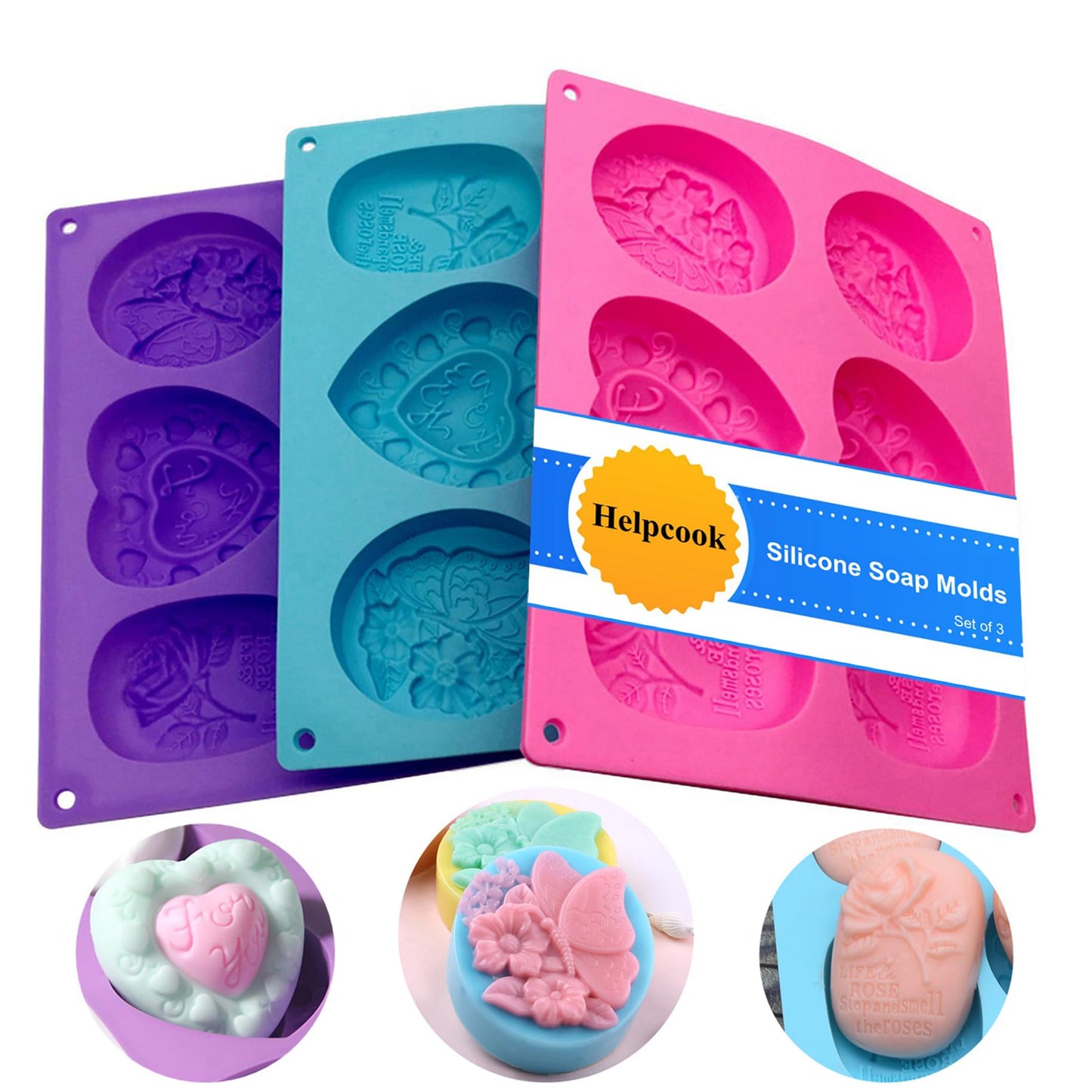 Helpcook 3 Pack Silicone Soap Molds, 6 Cavities, Mixed Patterns, BPA Free, Easy Release