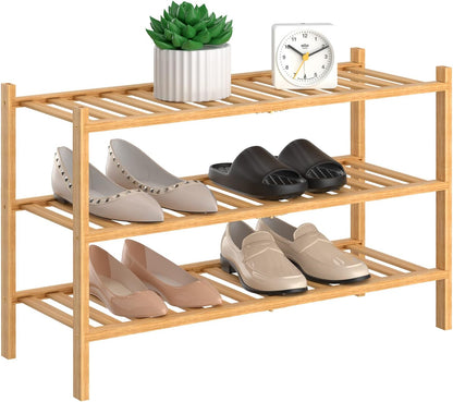 3 Closet RONGJlA Tier Bamboo Shoe Rack for Free Standing Wood Shoe Shelf Storage Organizer for Entryway Small Space