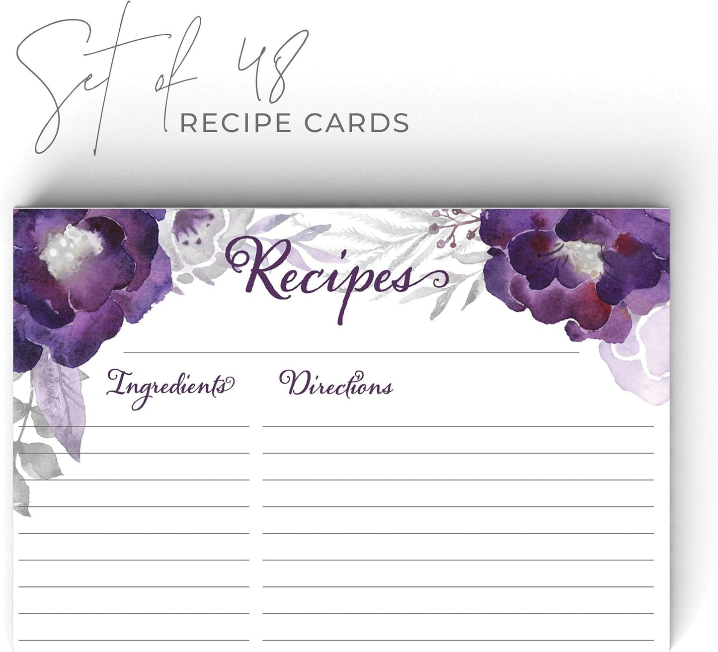 Floral Recipe Cards from Dashleigh, 48 Double-Sided Water-Resistant Cards, 4x6 inches (Violet Purple)