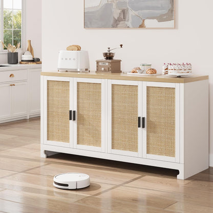 GarveeHome 60 in Farmhouse Rattan Buffet Cabinet - 4-Door Woven Storage Sideboard with Adjustable Shelves, Kitchen Console Table for Dining Room & Living Room Entryway (White & Brown)