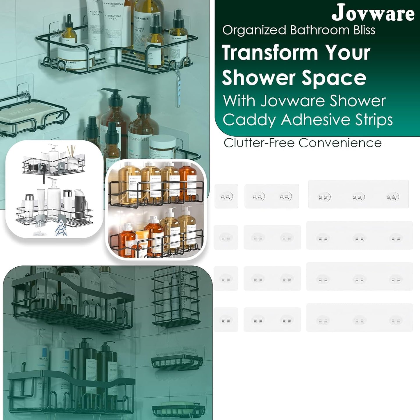 12 Pack Upgraded Adhesive Hooks for Wall Mount, Self-Adhesive Corner Shelf Shower Caddy, Waterproof Bathroom & Kitchen