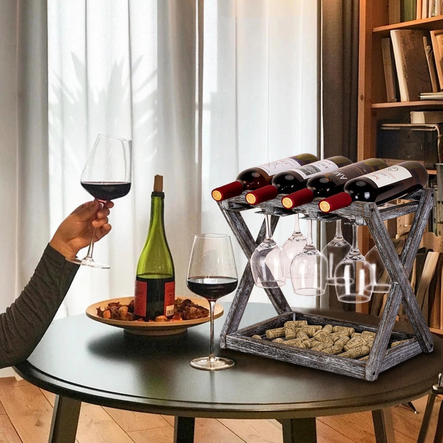 WDSHIYI 4 6 Countertop Rustic Wood Wine Rack for Bottles and Stemware Glass Holder- Wine Racks with Glass Holder, Home