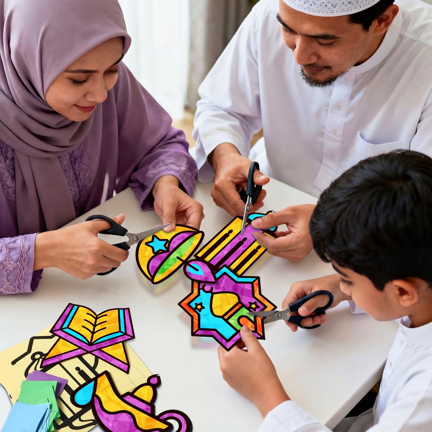 Eersida 32 Pcs Eid Suncatcher Craft Kit for Adults, Ramadan Mubarak Ornaments DIY Stained Glass Effect Paper Window Crafts for Islamic Creative Party Favors Art Projects