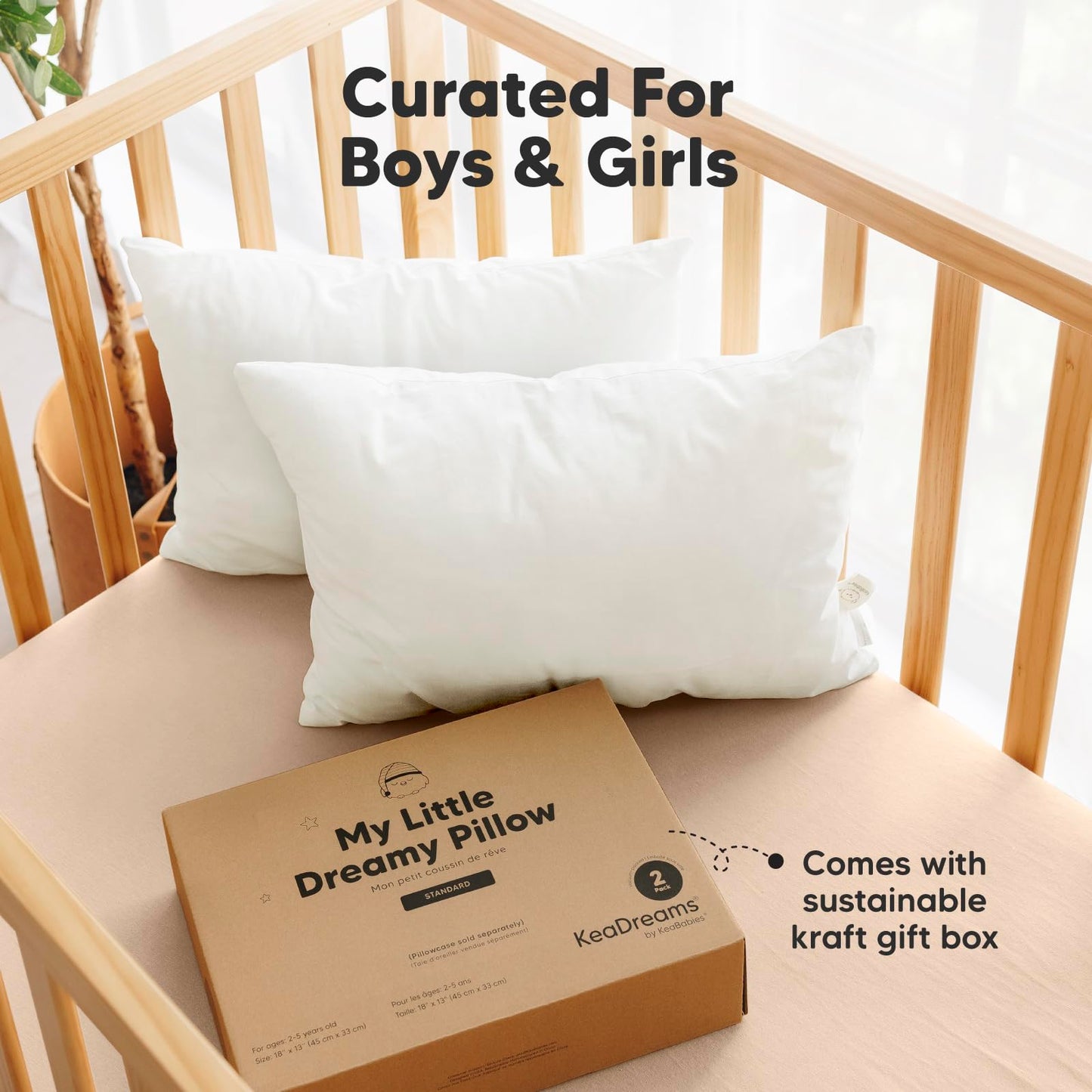 KeaBabies 2-Pack Toddler Pillow 13x18 - Soft Organic Cotton Kids Travel Bed Pillows for Sleeping, School, Nap, Machine Washable, Toddlers 2 to 5, Pillowcase Sold Separately (Soft White)