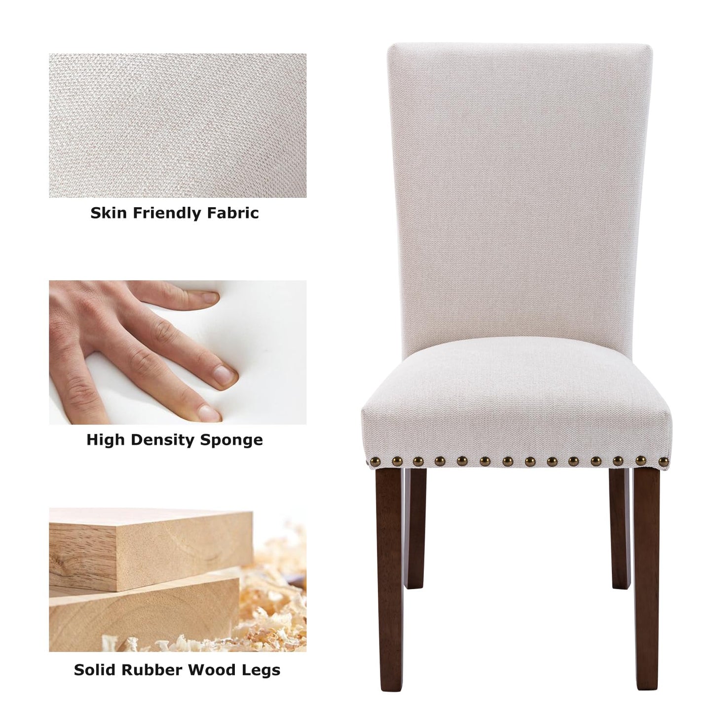 COLAMY Upholstered Dining Chairs Set of 6, Parsons Style Side Chairs with Nailhead Trim and Solid Wood Legs, Comfortable Linen Fabric for Kitchen & Dining Room – Beige