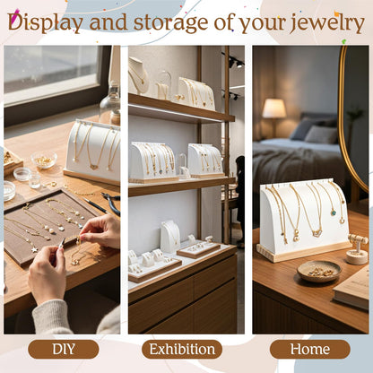 2 Pcs Cambered Wooden Necklace Display Stand with Soft PU Leather Mat, Necklace Bracelet Pendant Chokers Chains Organizer Holder, White Tabletop Jewelry Display Storage Holder for Selling Exhibition
