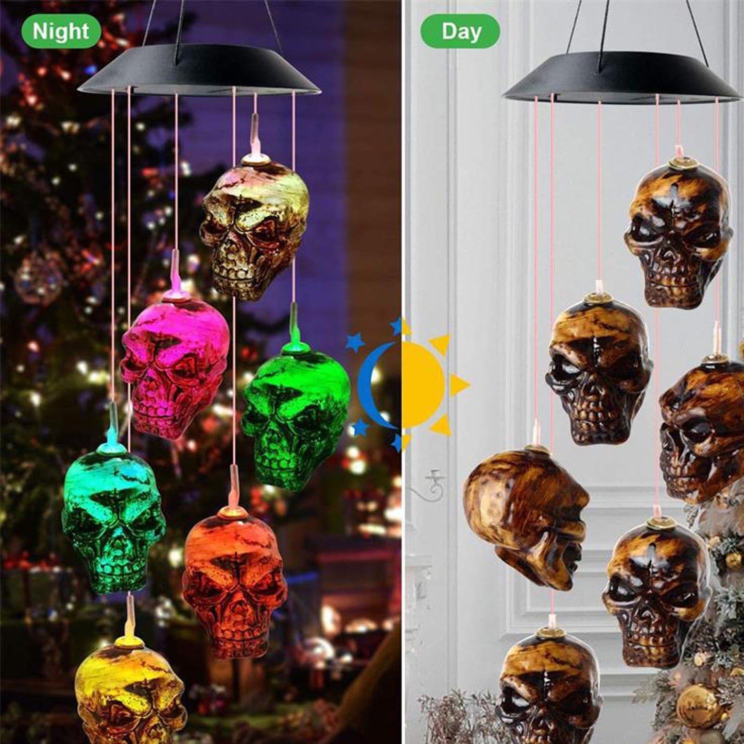 Skull Solar Wind Chime Lights, Halloween Solar Powered Wind Bell Skeleton LED String Light Windchime Outdoor Halloween Hanging Decorations Haunted House Props Gift