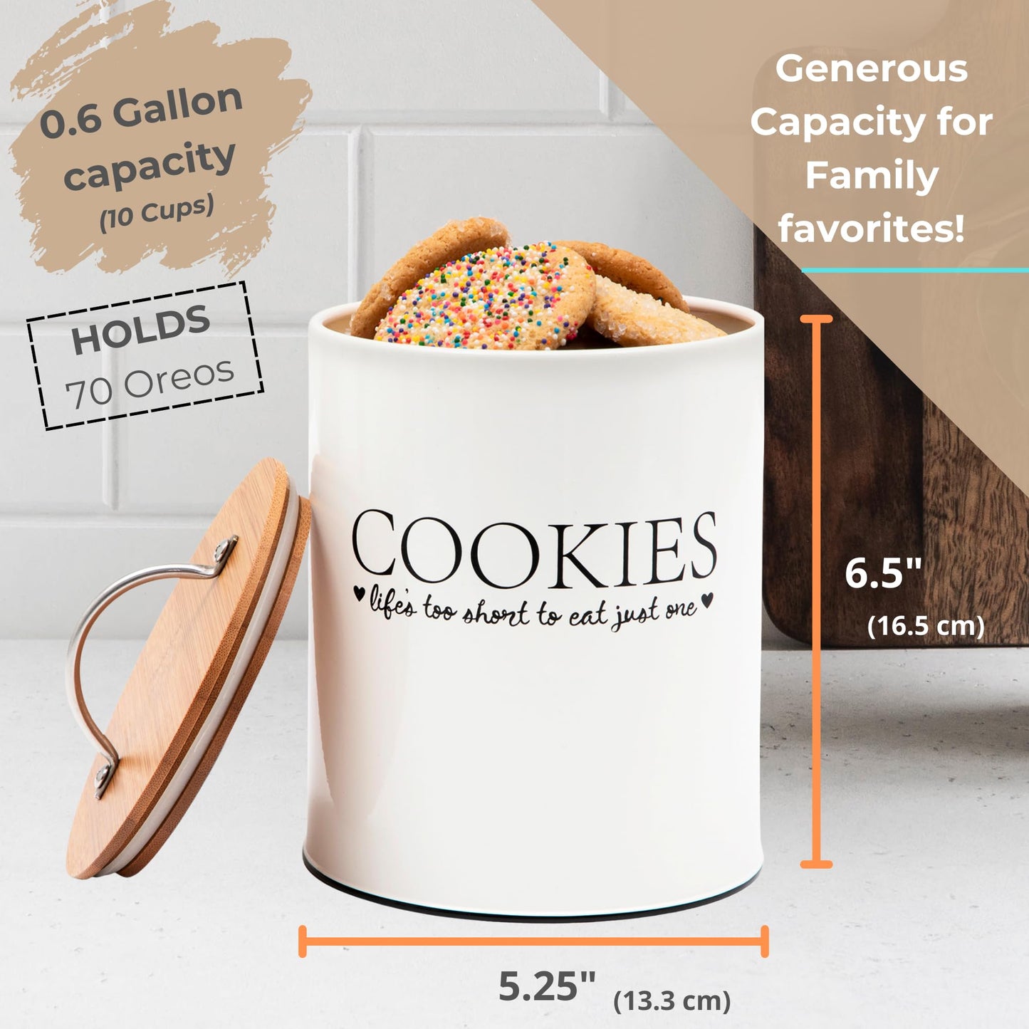 D'Lifeful Cookie Jar with Airtight Bamboo Lid – 0.6 Gallon Cute and Decorative Cookie Storage for Kitchen Countertop – Farmhouse Storage Tin for Freshness – Great Gift Idea