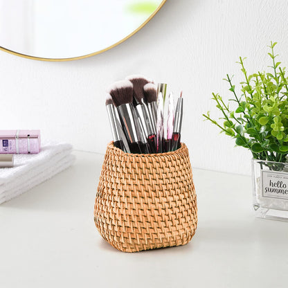 Hacaroa Set of 2 Rattan Pencil Holder for Desk, Handmade Wicker Pen Cup Cute Boho Desk Organizer, Woven Makeup Brush Holder Utensil Container for Home, Office Table Decor