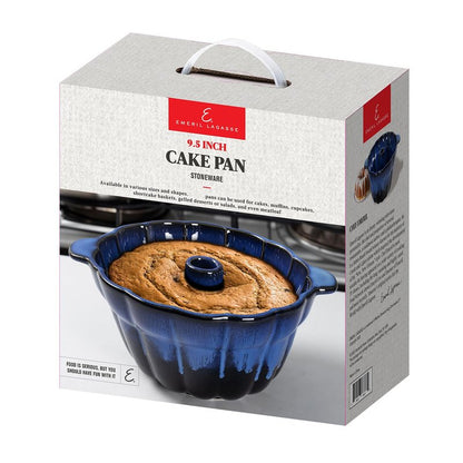 Emeril Lagasse Fluted Cake Pan Stoneware 9.5 in – Pound Cake Baking Pan, Perfect for Baking Delicious Cakes! (Dark Blue)