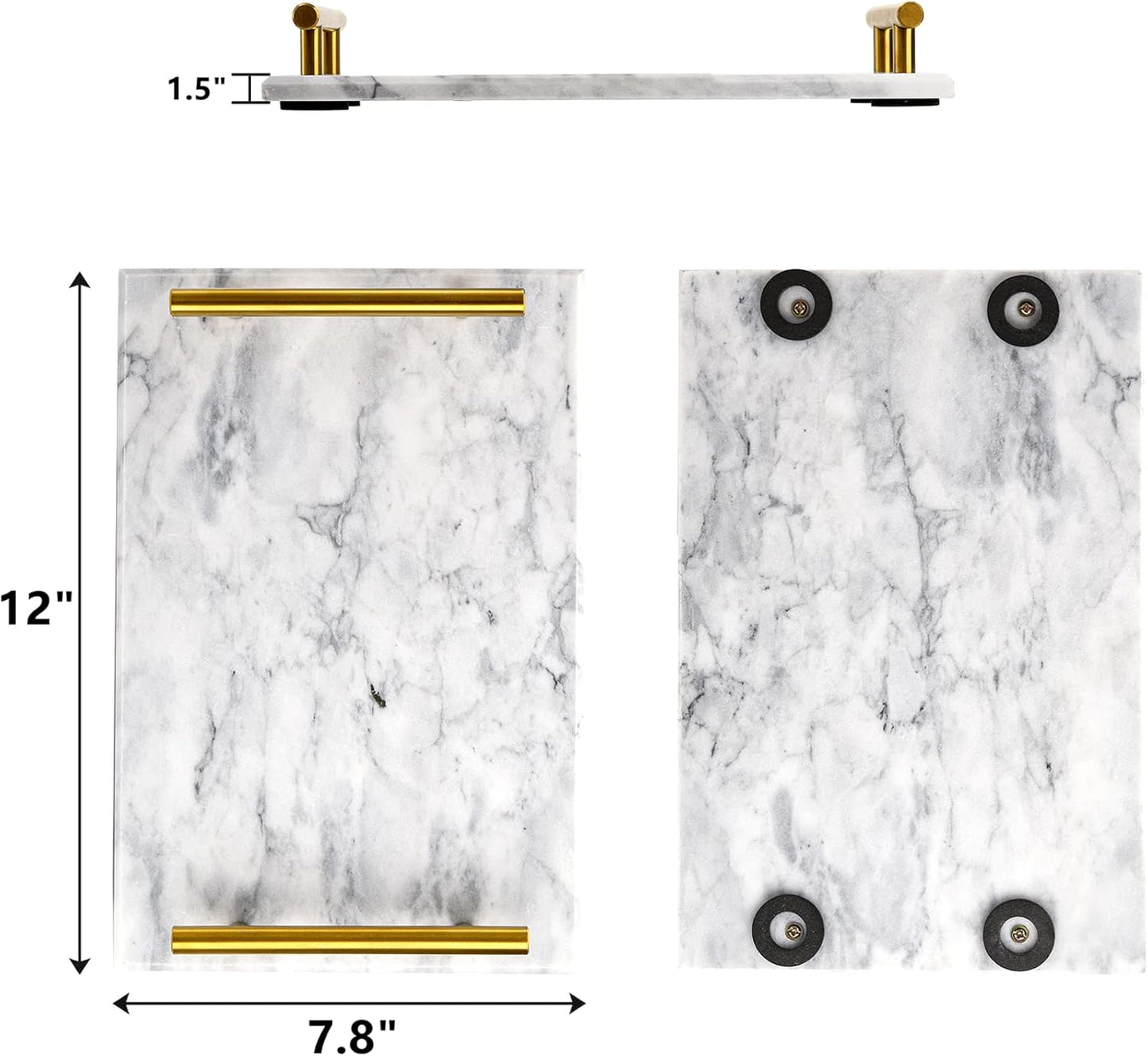 12" DEAYOU Decorative Tray with Gold Handles, Natural Marble Stone Tray, Nightstand Serving Tray with Metal Handle