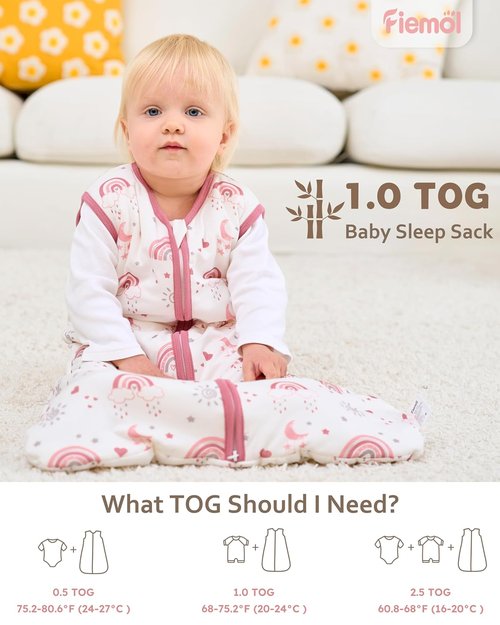 Bamboo Rayon Baby Sleep Sack - Soft 1.0 Tog Wearable Blanket for 6-12 Months | 2-Pack Pink Rainbow