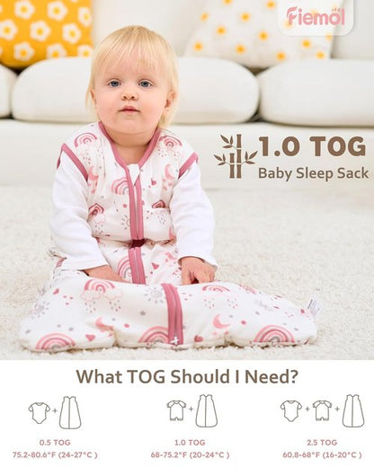 Bamboo Rayon Baby Sleep Sack - Soft 1.0 Tog Wearable Blanket for 6-12 Months | 2-Pack Pink Rainbow