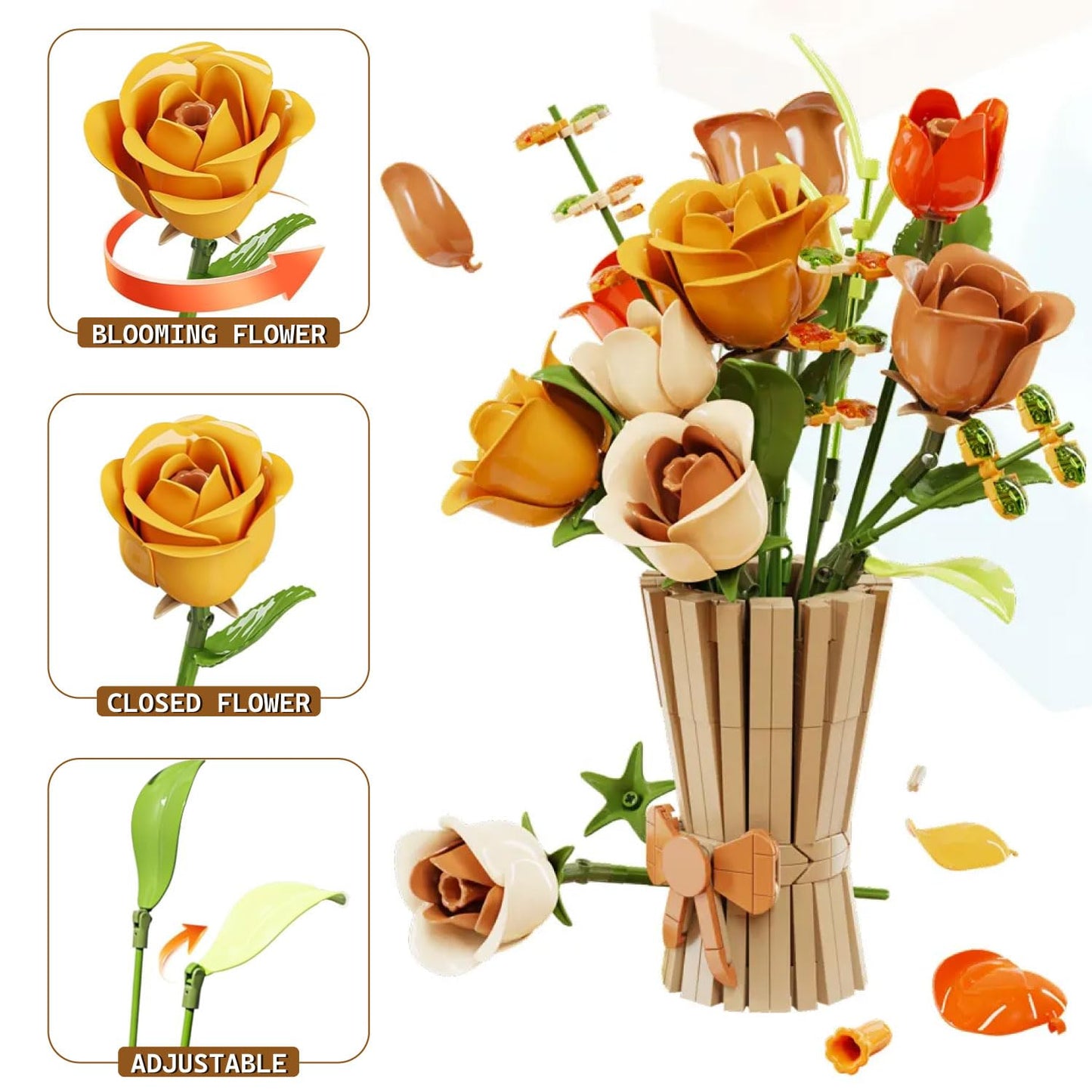 Bagari Roses Bouquet Building Set - Artificial Flowers Building Blocks with Vase, Compatible with Lego Kit for Adults - Collection for Home Office Decor Gifts for Women Men Birthday Anniversary 868PCS