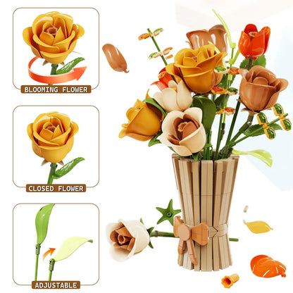 Bagari Roses Bouquet Building Set - Artificial Flowers Building Blocks with Vase, Compatible with Lego Kit for Adults - Collection for Home Office Decor Gifts for Women Men Birthday Anniversary 868PCS