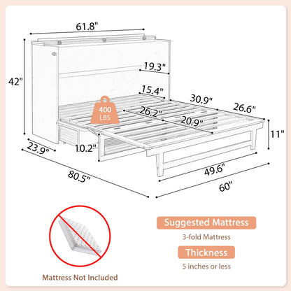 DNYN Queen Size Murphy Bed Frame with Storage Drawer for Bedroom/Guest/Study Room, Space-Saving Foldable Bed with Rattan Decoration, No Box Spring Needed & Easy Assemble