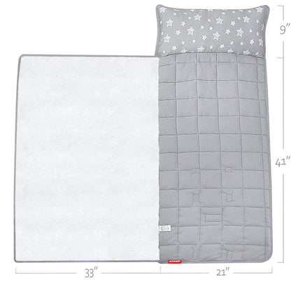Moonsea Toddler Nap Mat with Pillow and Fleece Minky Blanket Grey, Lightweight and Soft Perfect for Toddlers Preschool, Daycare, Travel Sleeping Bag for Girls, 21" x 50" Fit on a Standard Cot