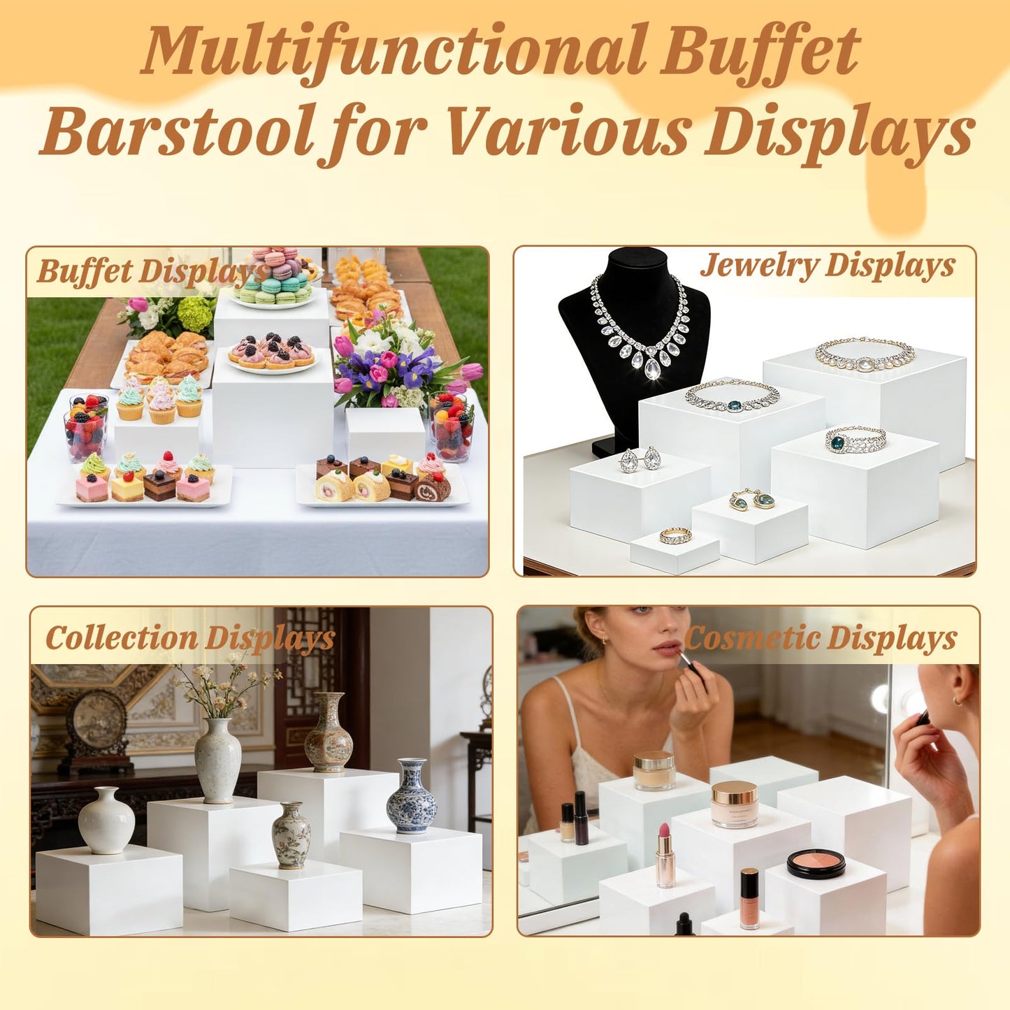 Qeanknar 6 Pcs White Acrylic Buffet Risers with Mini Sign and Maker, Food Display Stands for Buffet Table Party Catering Dessert Jewelry Collectibles,Nesting Cube Boxes with Hollow Bottoms