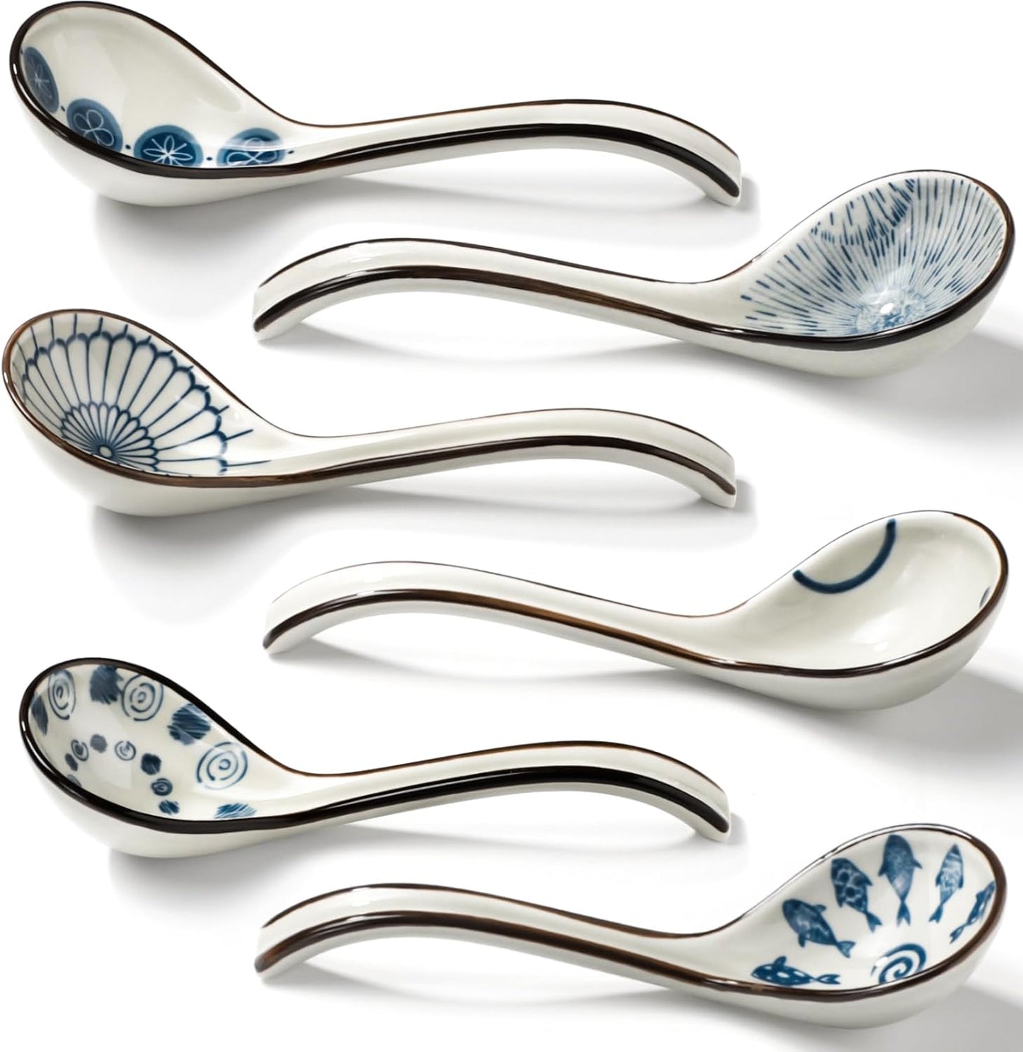 Ceramic Soup Spoons Set of 6, Long Handle Japanese Ramen Spoon for Dumpling, Noodles, Miso, Chinese Wonton