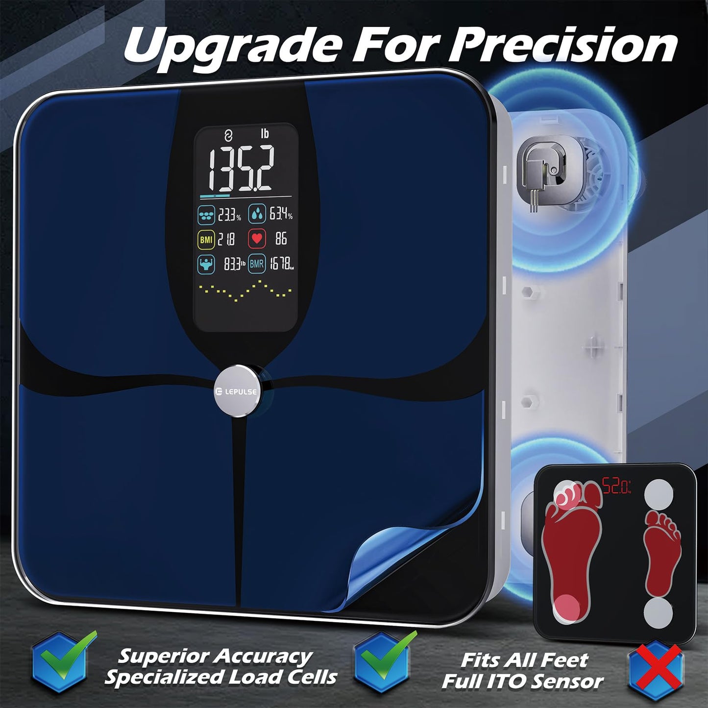 Lepulse Smart Scale for Body Weight, Digital Bathroom Weight Scale with BMI Muscle Mass 20 Body Composition Metrics, Large Display Body Fat Scales, Heart Rate, Accurate Bluetooth Weighing with App