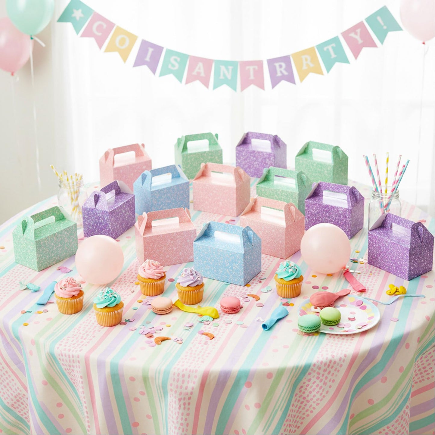 AmazingSpark 24 Pack Pastel Gable Treat Boxes Glitter Macaron Party Favor Gift Boxes for Candy Cookie Toy Party Supply for Birthday Weddings Baby Shower Holiday Christmas 5.9 x 3.5 x 3.5 Inches