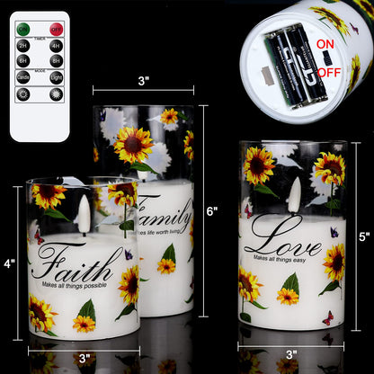 DRomance Sunflower Glass Flameless Candles with Remote Timer Battery Operated LED Pillar Candles Real Wax 3D Wick Flickering Warm Light Wedding Dinner Holiday Spring Candle 3 x 4,5,6 Inches