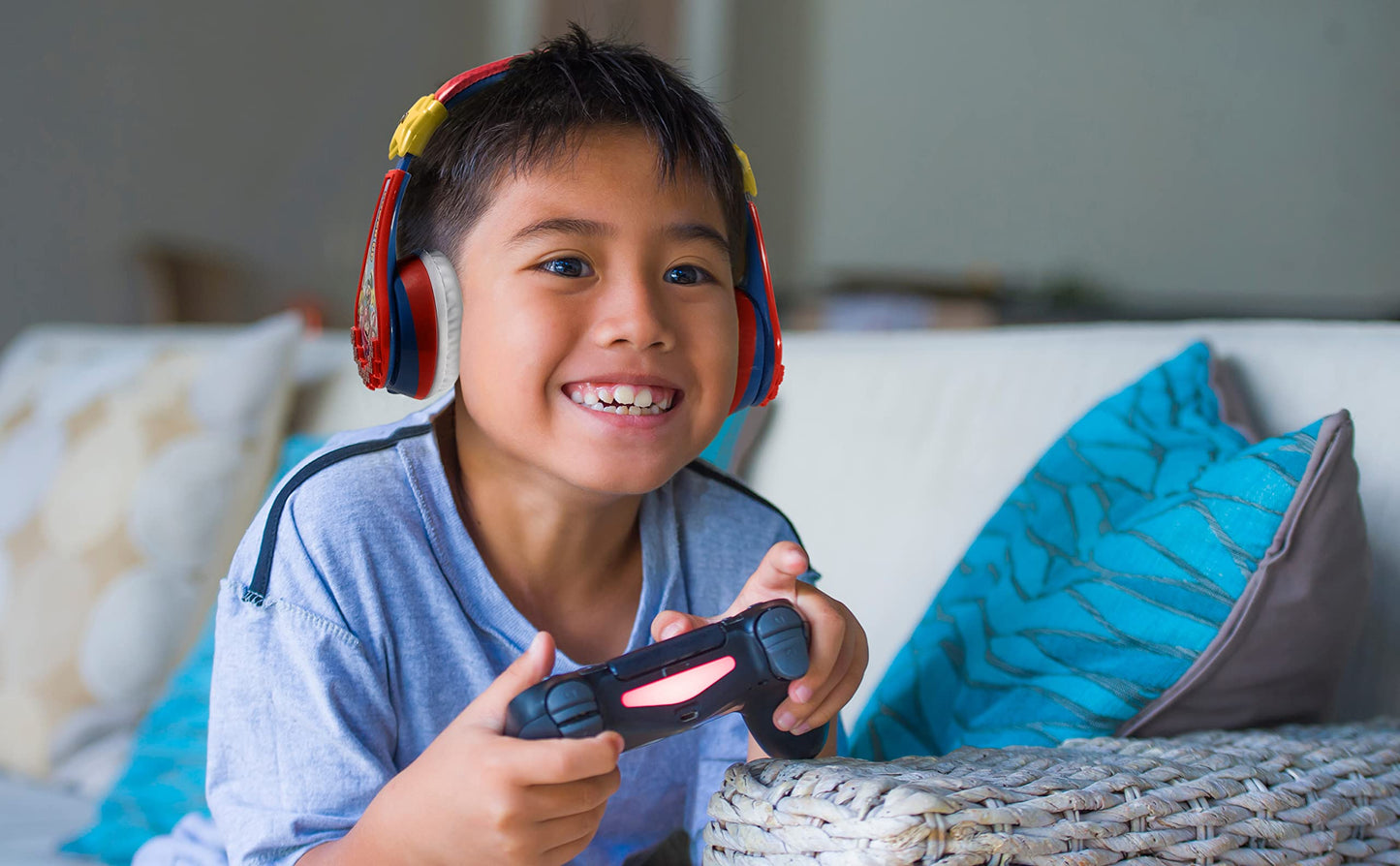 Super Mario Wireless Bluetooth Portable Kids Headphones with Microphone, Volume Reduced to Protect Hearing Rechargeable Battery, Adjustable Kids Headband for School Home or Travel