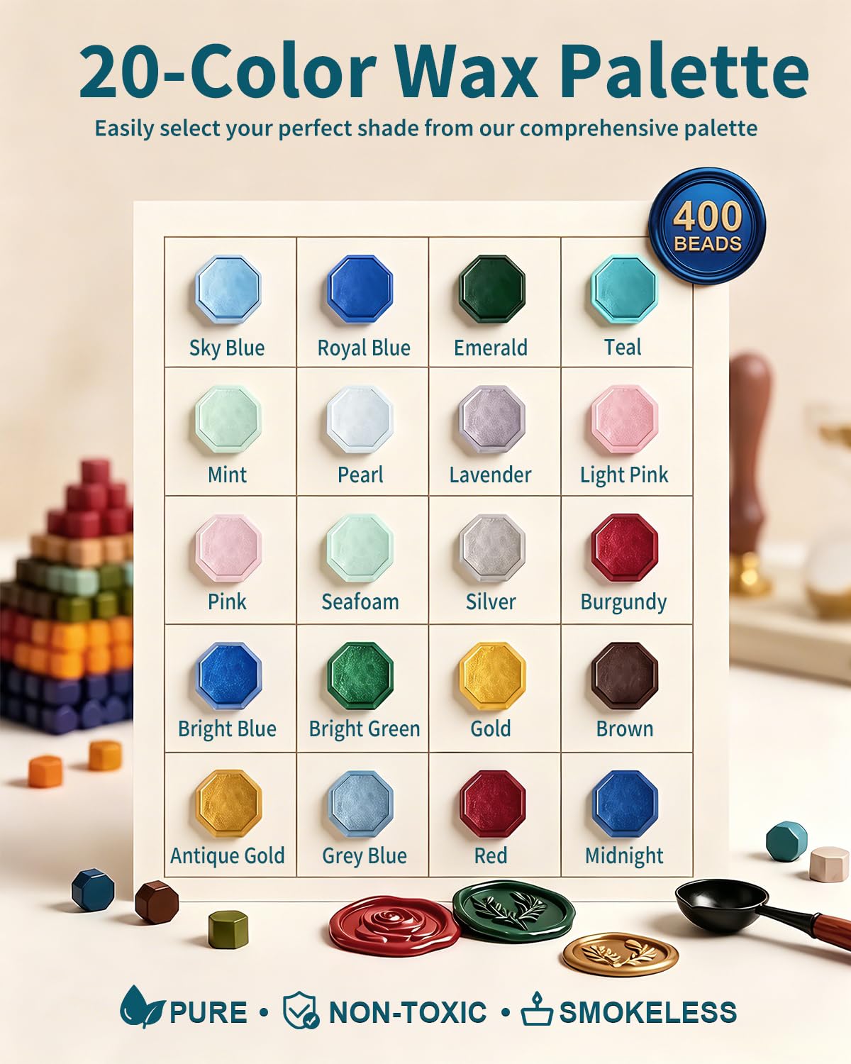 SHOWPIN Wax Seal Kit for Beginners: 400 Wax Beads in 20 Colors, 2 Stamp Heads & Premium Envelopes in Gift Box for Holiday Gifting & DIY Letter Sealing