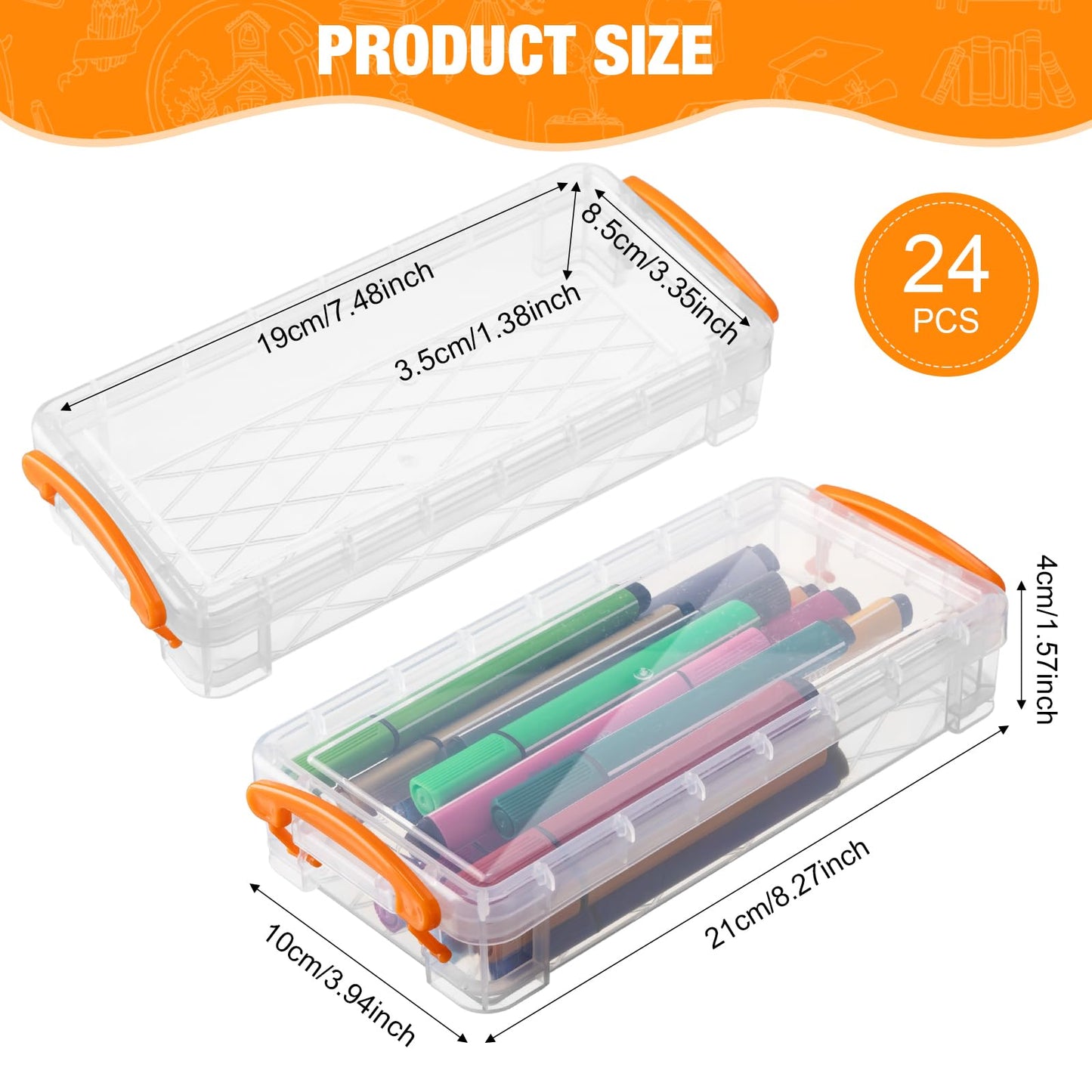 Gueevin 24 Pcs Large Capacity Plastic Pencil Box Clear Plastic Pencil Case Crayon Box with Snap Tight Lid Watercolor Pen Storage Brush Organizer Drawing Tools Container (Orange)